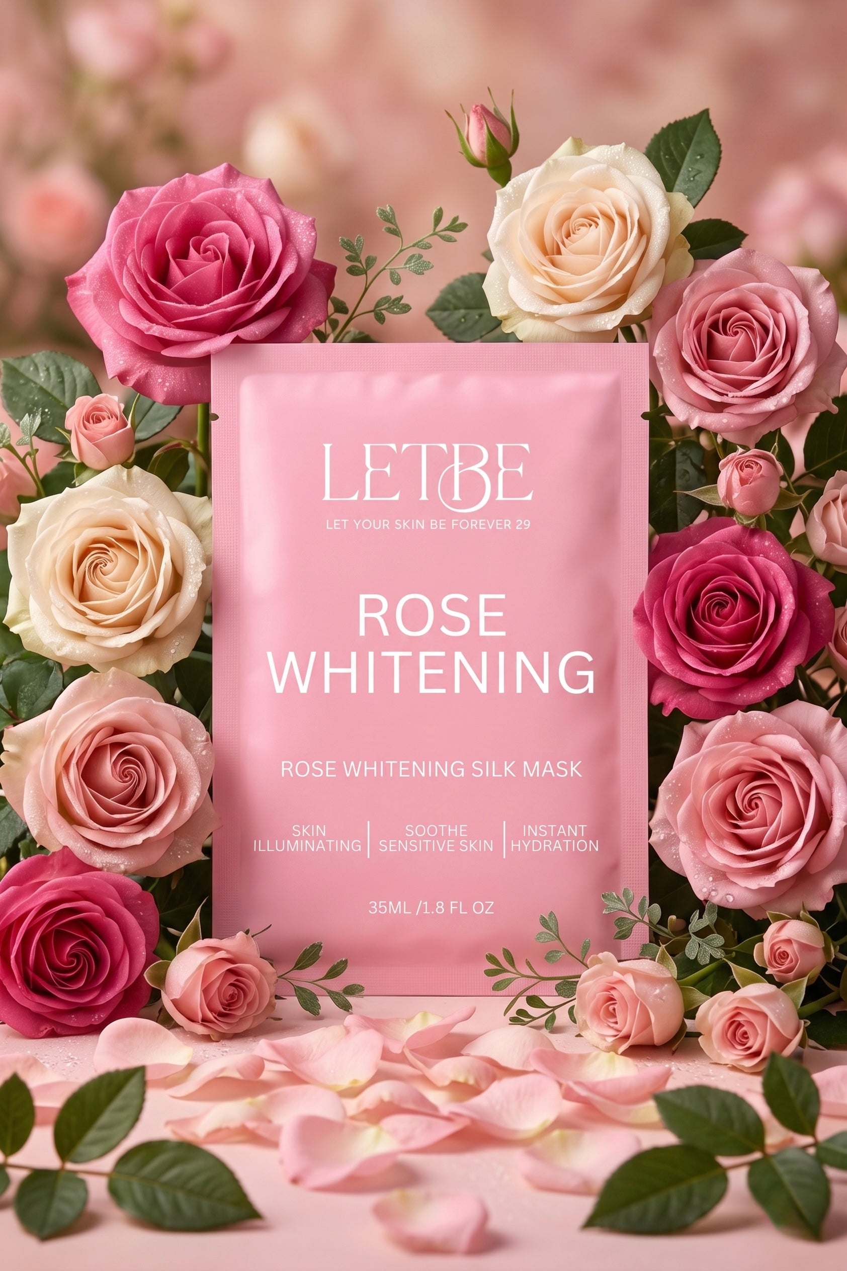 Letbe Rose Whitening silk mask surrounded by pink and white roses on a soft pink background